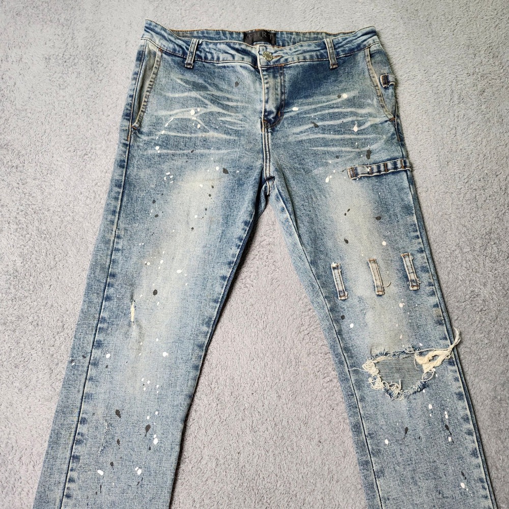 THRT Mens 34 Skinny Jeans Blue Paint Splatter Distressed Ripped Streetwear